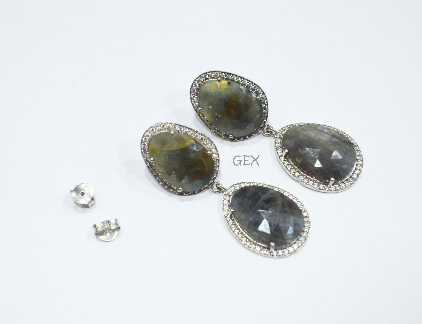 92.5 Sterling Silver Shaded Gray Sapphire Faceted Fancy Shape Earring , Shaded Gray Sapphire With Pave Cubic Zirconia Earring , 50 mm , E-082