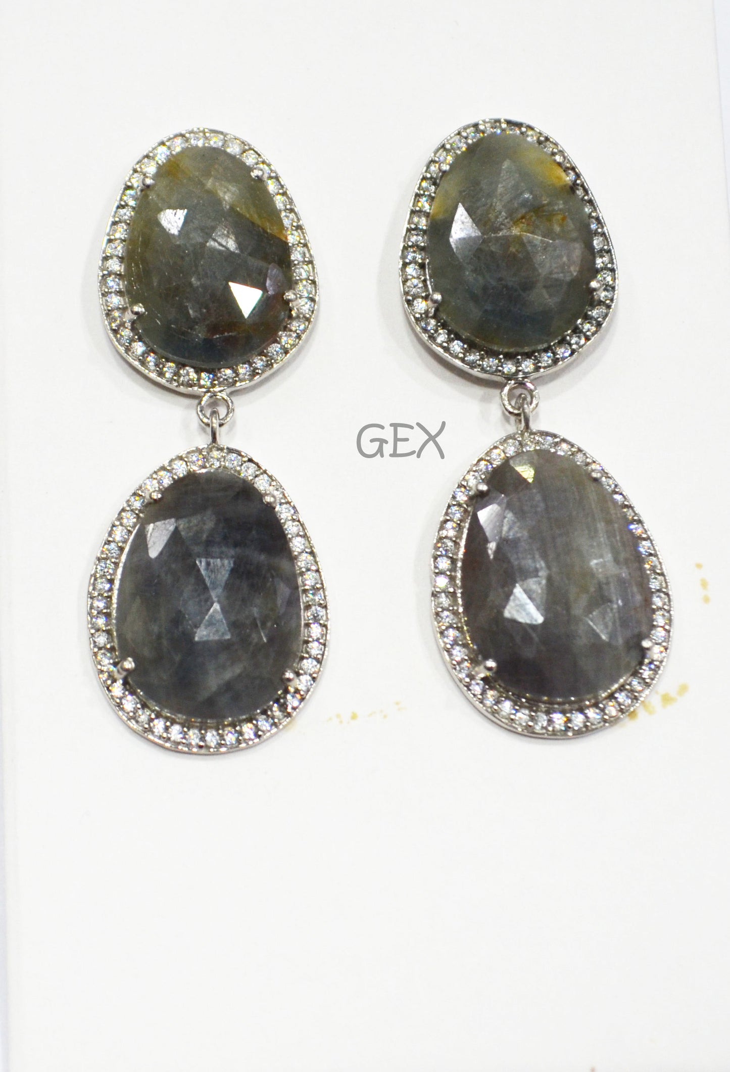 92.5 Sterling Silver Shaded Gray Sapphire Faceted Fancy Shape Earring , Shaded Gray Sapphire With Pave Cubic Zirconia Earring , 50 mm , E-082