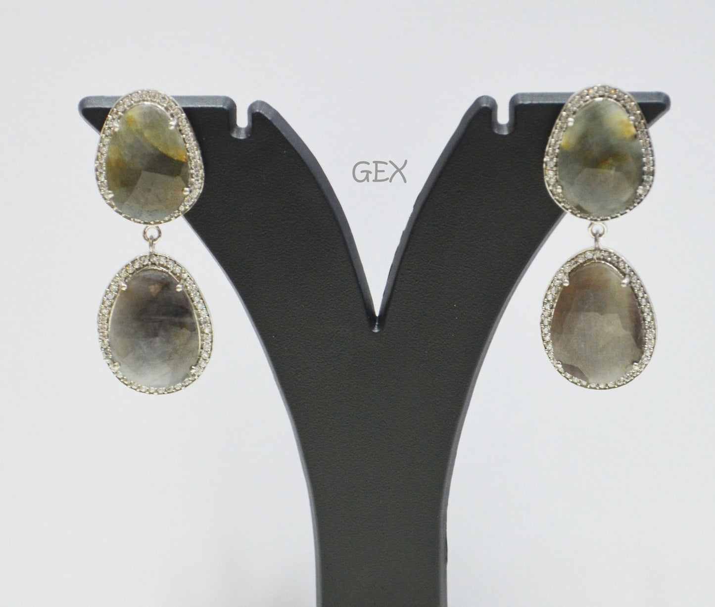 92.5 Sterling Silver Shaded Gray Sapphire Faceted Fancy Shape Earring , Shaded Gray Sapphire With Pave Cubic Zirconia Earring , 50 mm , E-082