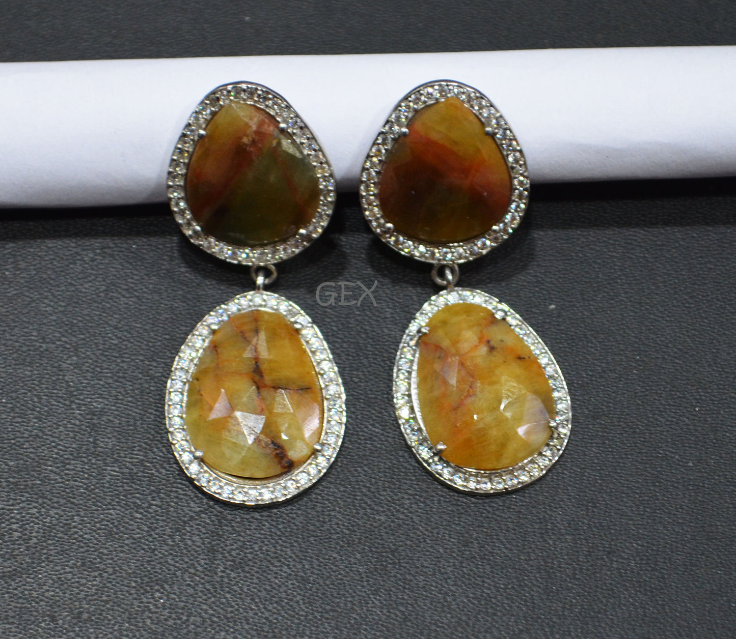 92.5 Sterling Silver Shaded Yellow Sapphire Faceted Fancy Shape Earring , Shaded Yellow Sapphire With Pave Cubic Zirconia Earring , 50 mm , E-083