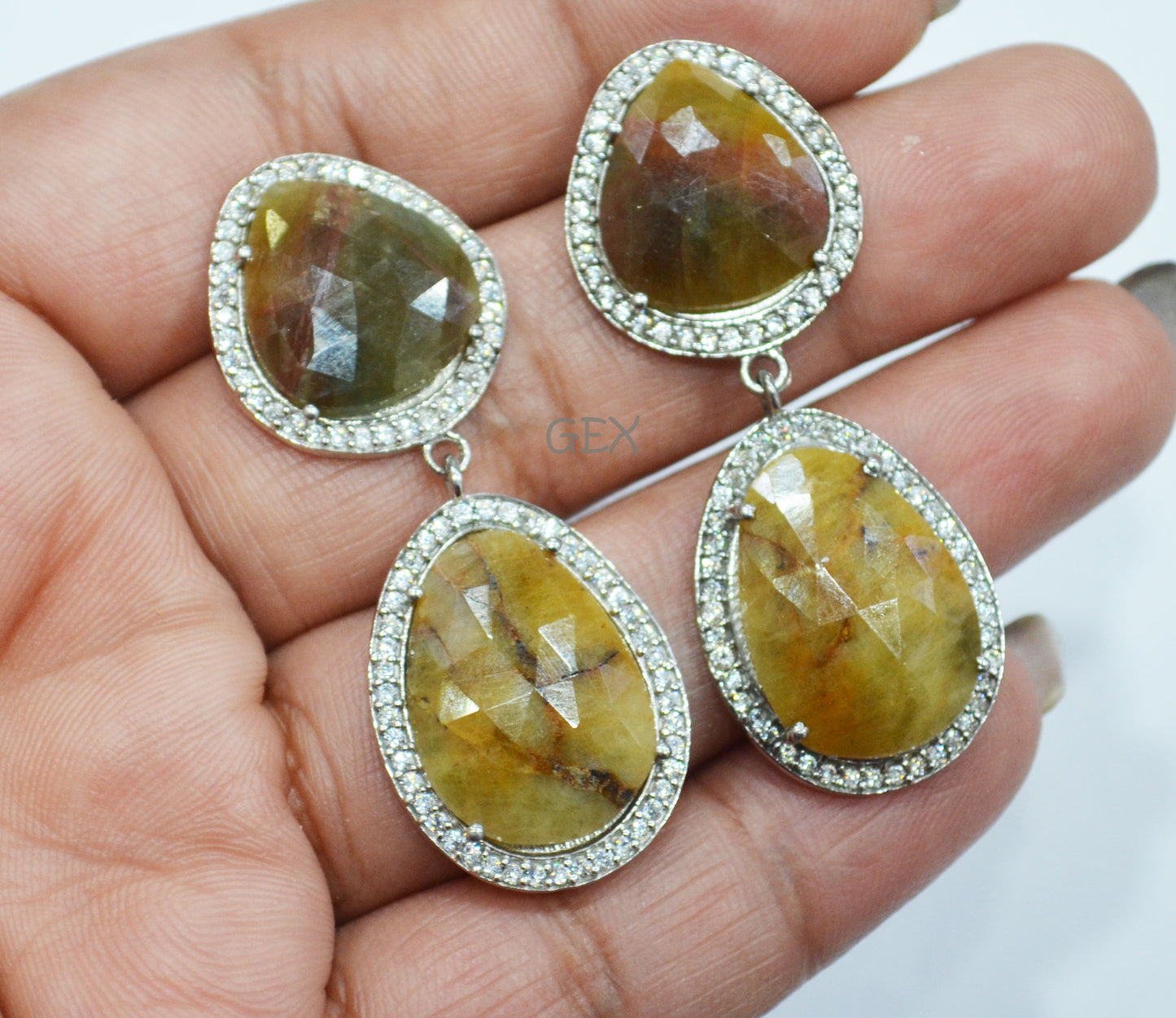 92.5 Sterling Silver Shaded Yellow Sapphire Faceted Fancy Shape Earring , Shaded Yellow Sapphire With Pave Cubic Zirconia Earring , 50 mm , E-083