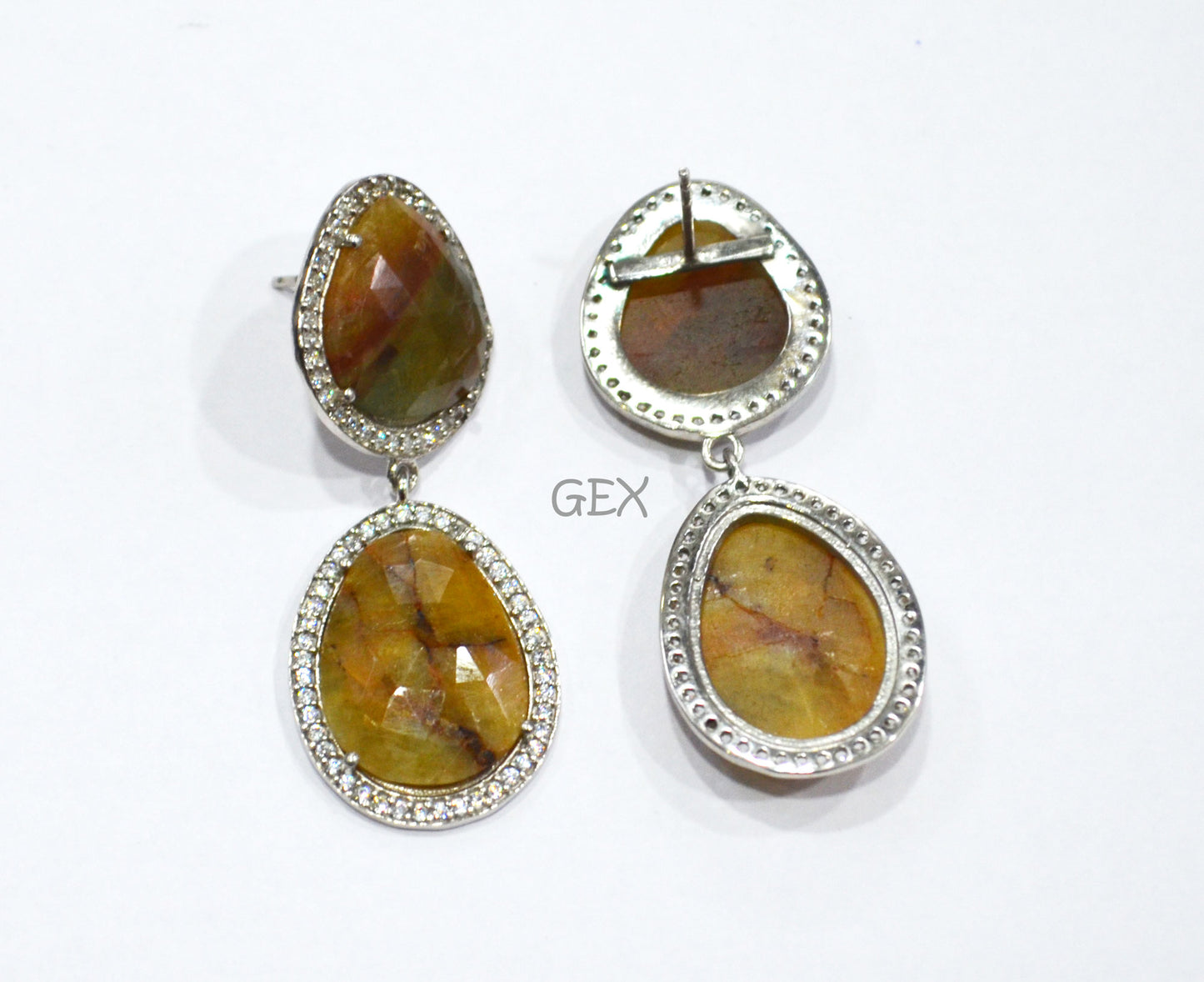 92.5 Sterling Silver Shaded Yellow Sapphire Faceted Fancy Shape Earring , Shaded Yellow Sapphire With Pave Cubic Zirconia Earring , 50 mm , E-083