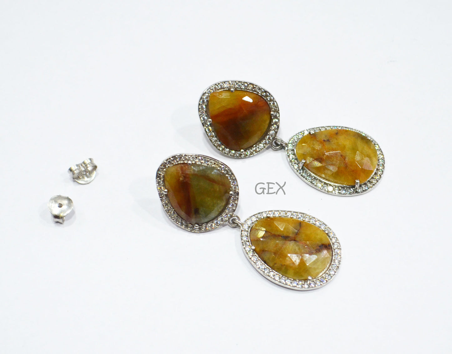 92.5 Sterling Silver Shaded Yellow Sapphire Faceted Fancy Shape Earring , Shaded Yellow Sapphire With Pave Cubic Zirconia Earring , 50 mm , E-083