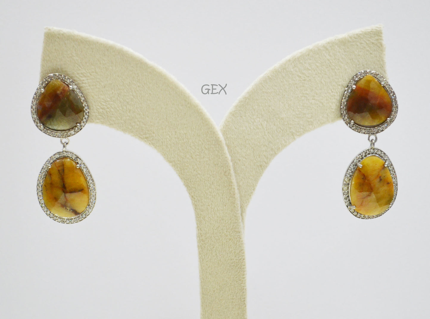 92.5 Sterling Silver Shaded Yellow Sapphire Faceted Fancy Shape Earring , Shaded Yellow Sapphire With Pave Cubic Zirconia Earring , 50 mm , E-083