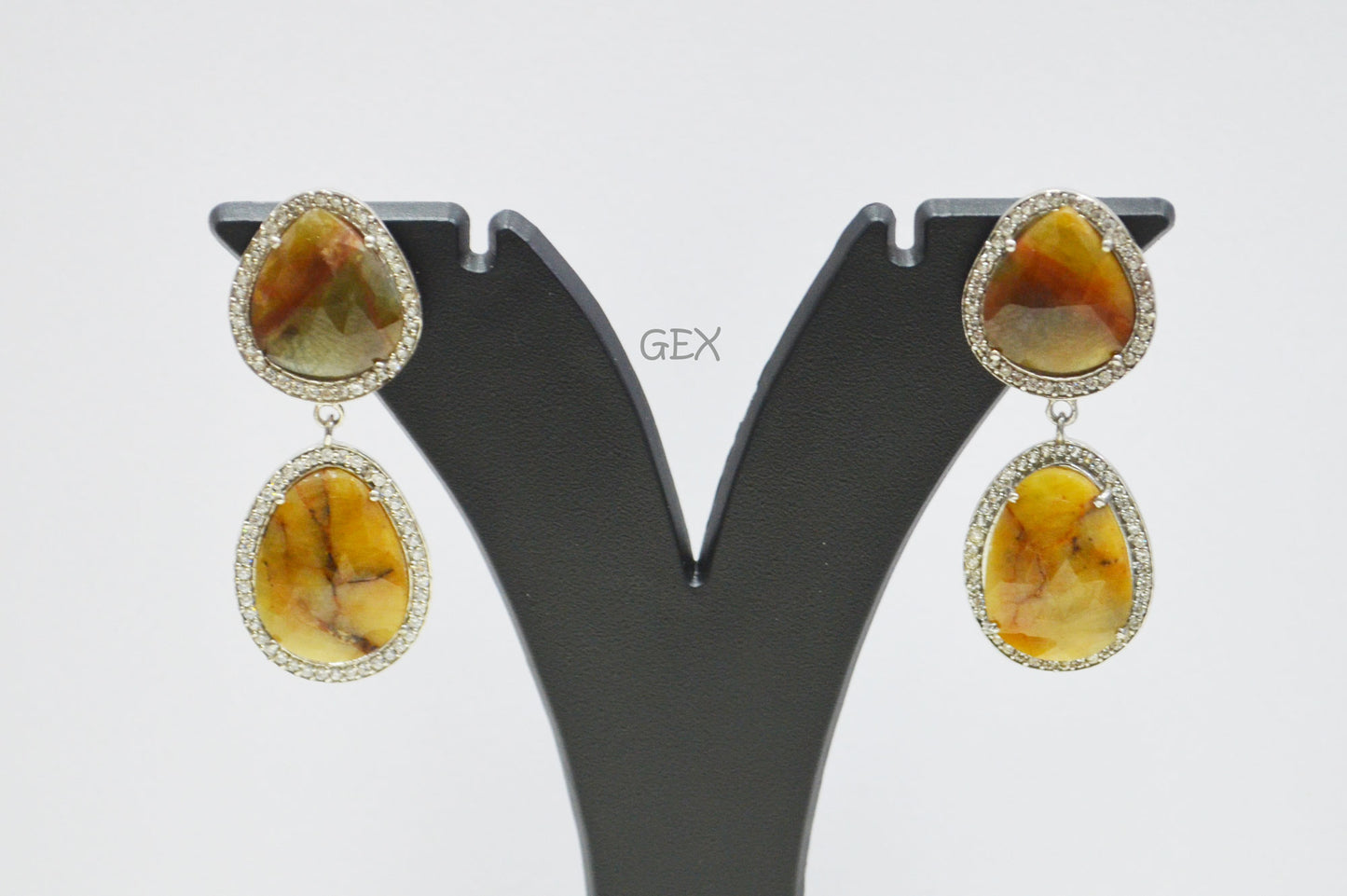 92.5 Sterling Silver Shaded Yellow Sapphire Faceted Fancy Shape Earring , Shaded Yellow Sapphire With Pave Cubic Zirconia Earring , 50 mm , E-083