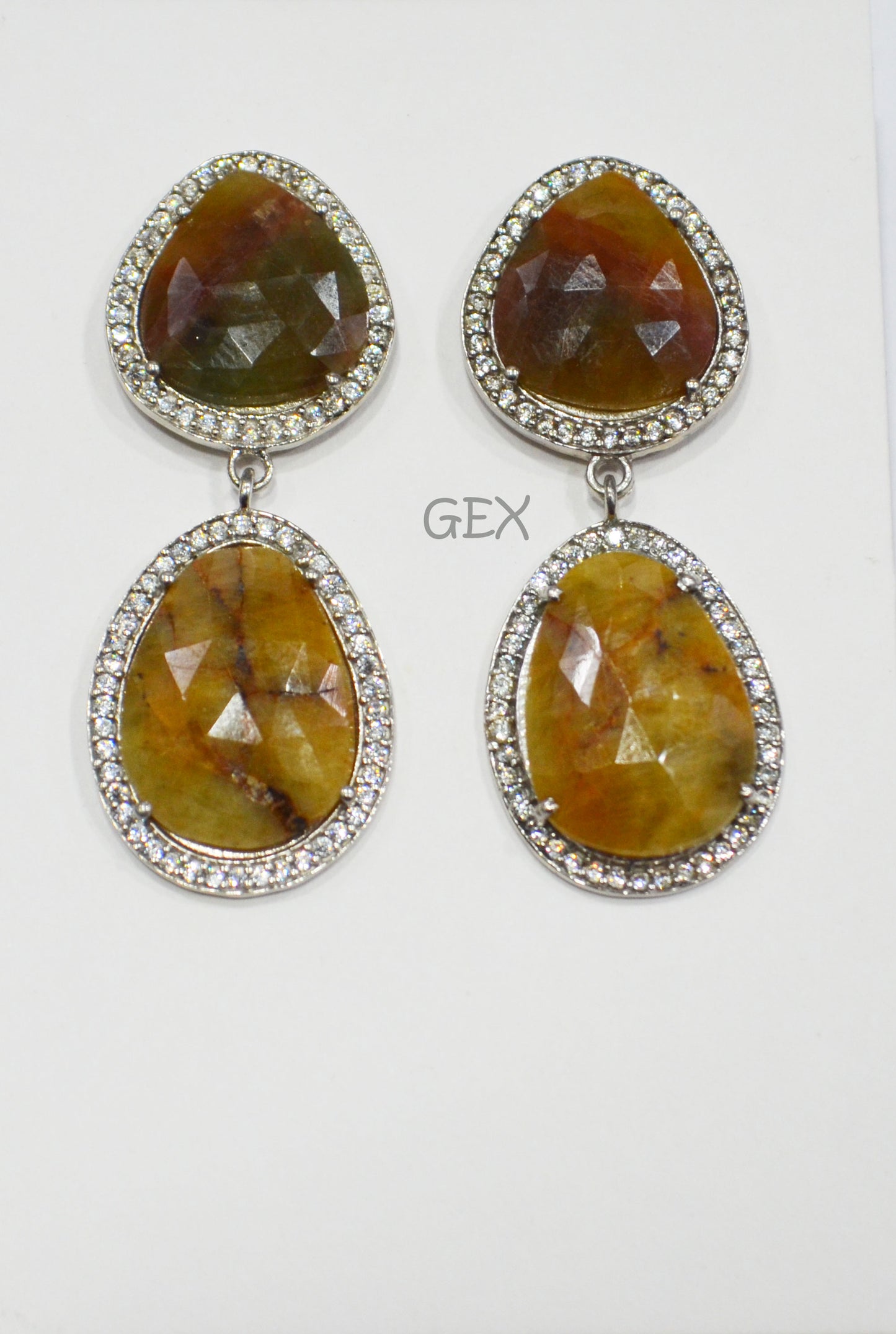 92.5 Sterling Silver Shaded Yellow Sapphire Faceted Fancy Shape Earring , Shaded Yellow Sapphire With Pave Cubic Zirconia Earring , 50 mm , E-083