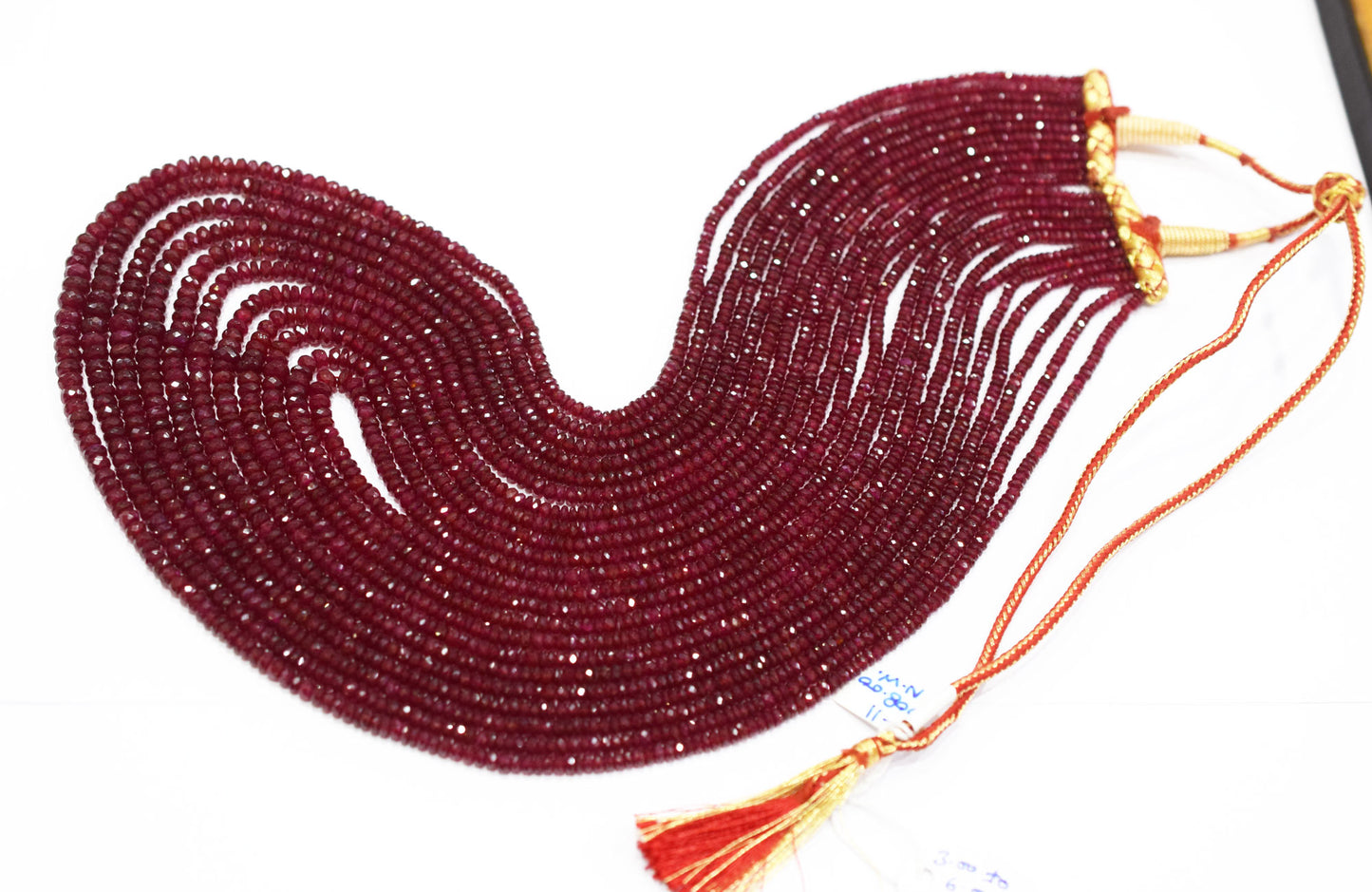 Natural Longido Ruby Faceted Rondelle Shape Necklace , Longido Ruby 11 Line Necklace 20 - 27 Inches Long With Adjustable Tussle , 3 - 6 mm , N-01
