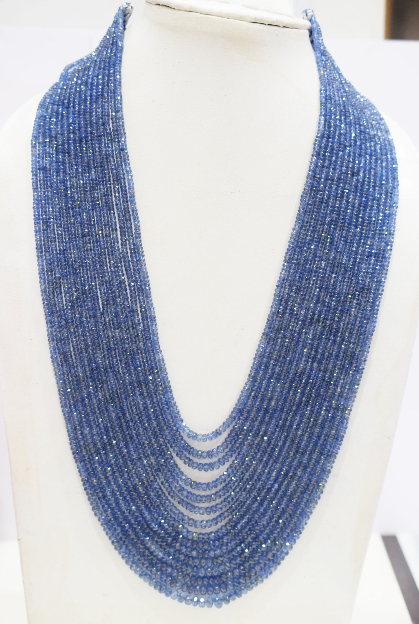Natural Blue Sapphire Faceted Rondelle Shape Necklace , Blue Sapphire 15 Line Necklace 18 - 25 Inches Long With Adjustable Tussle , 2.75 - 6.50 mm , N-02