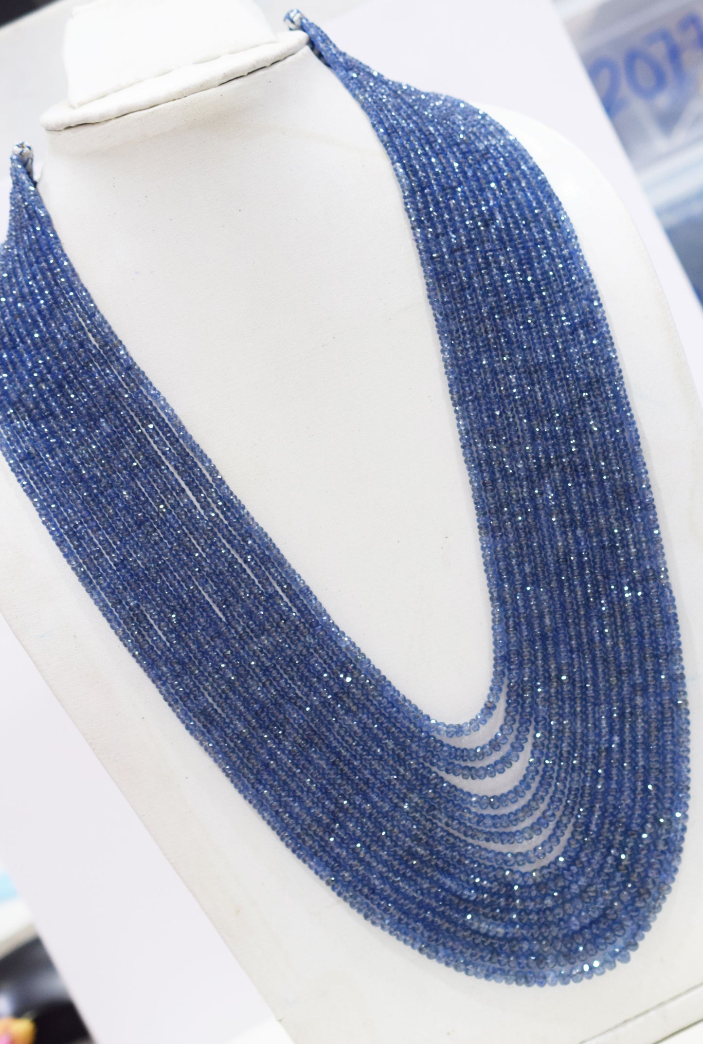 Natural Blue Sapphire Faceted Rondelle Shape Necklace , Blue Sapphire 15 Line Necklace 18 - 25 Inches Long With Adjustable Tussle , 2.75 - 6.50 mm , N-02
