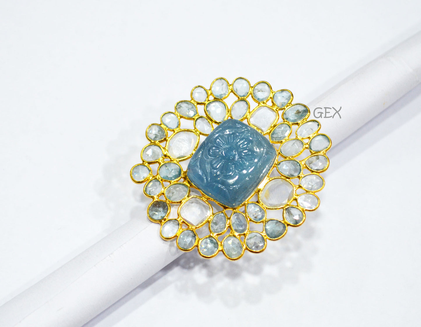 Blue Zircon And Moissanite Diamond With Carved Aquamarine Faceted Ring , Blue Zircon And Moissanite Diamond Faceted Slice Shape Fancy Ring , 6.25 US , R-001