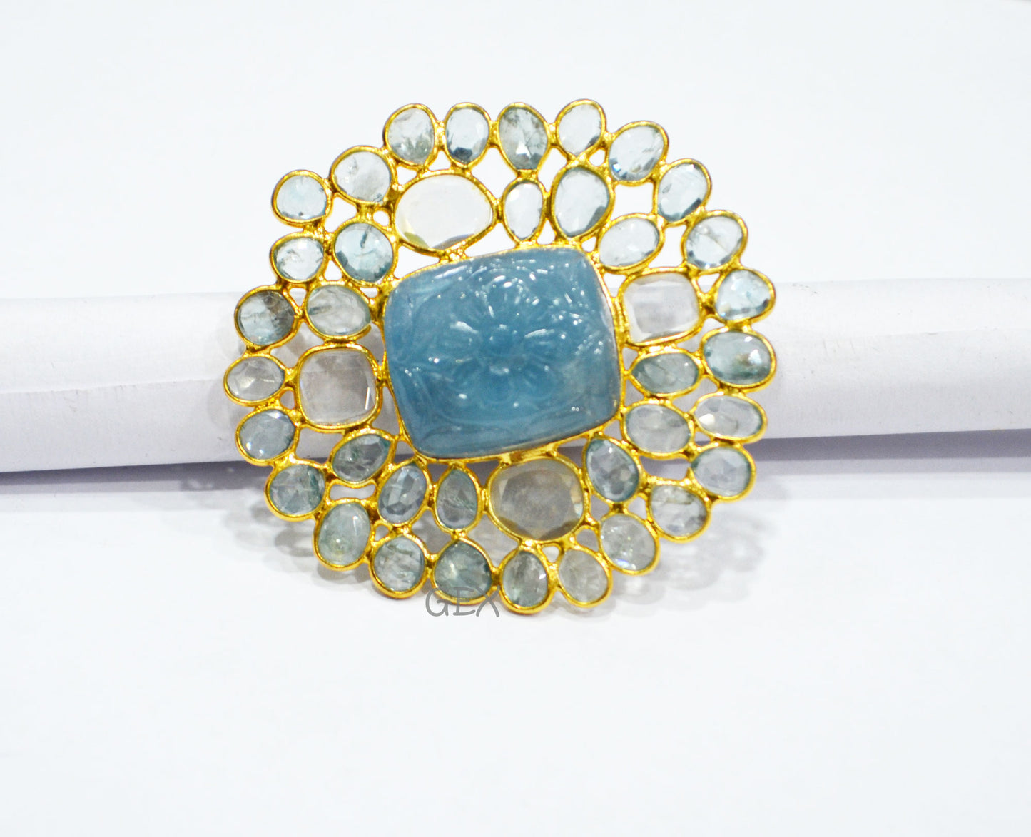 Blue Zircon And Moissanite Diamond With Carved Aquamarine Faceted Ring , Blue Zircon And Moissanite Diamond Faceted Slice Shape Fancy Ring , 6.25 US , R-001
