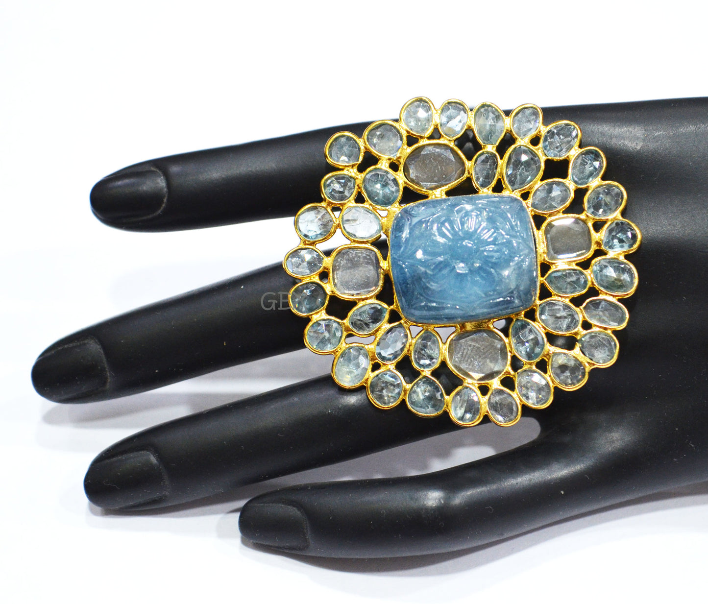 Blue Zircon And Moissanite Diamond With Carved Aquamarine Faceted Ring , Blue Zircon And Moissanite Diamond Faceted Slice Shape Fancy Ring , 6.25 US , R-001