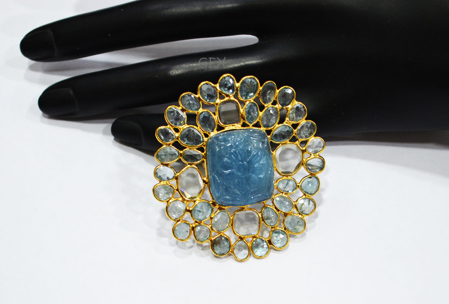 Blue Zircon And Moissanite Diamond With Carved Aquamarine Faceted Ring , Blue Zircon And Moissanite Diamond Faceted Slice Shape Fancy Ring , 6.25 US , R-001