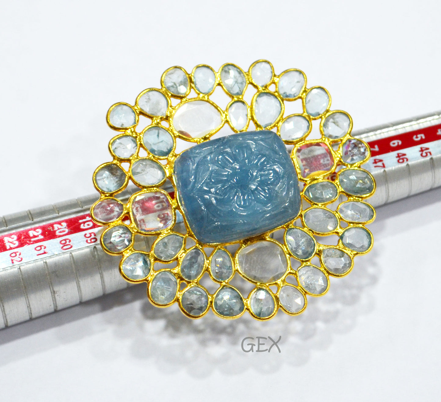 Blue Zircon And Moissanite Diamond With Carved Aquamarine Faceted Ring , Blue Zircon And Moissanite Diamond Faceted Slice Shape Fancy Ring , 6.25 US , R-001