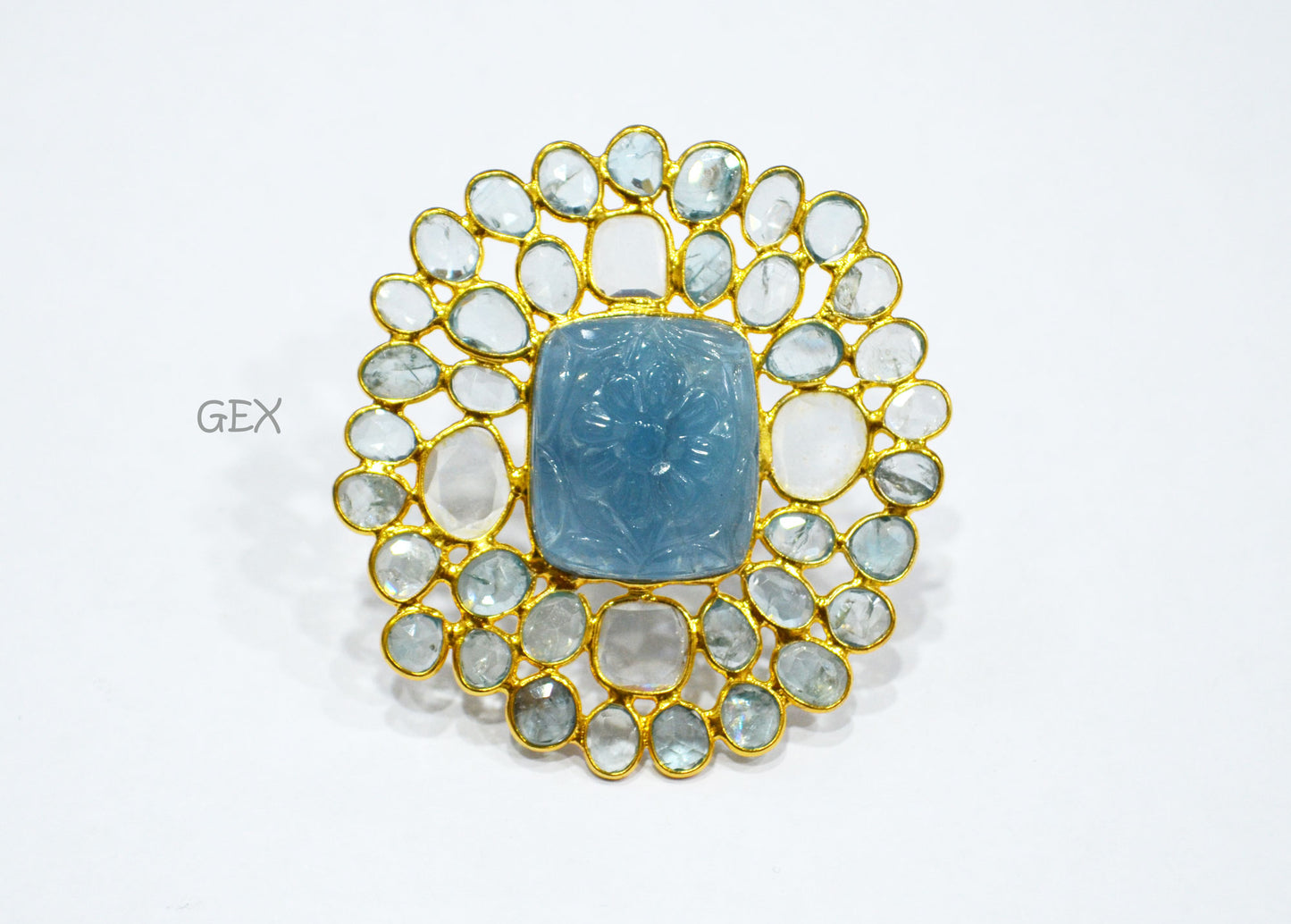 Blue Zircon And Moissanite Diamond With Carved Aquamarine Faceted Ring , Blue Zircon And Moissanite Diamond Faceted Slice Shape Fancy Ring , 6.25 US , R-001