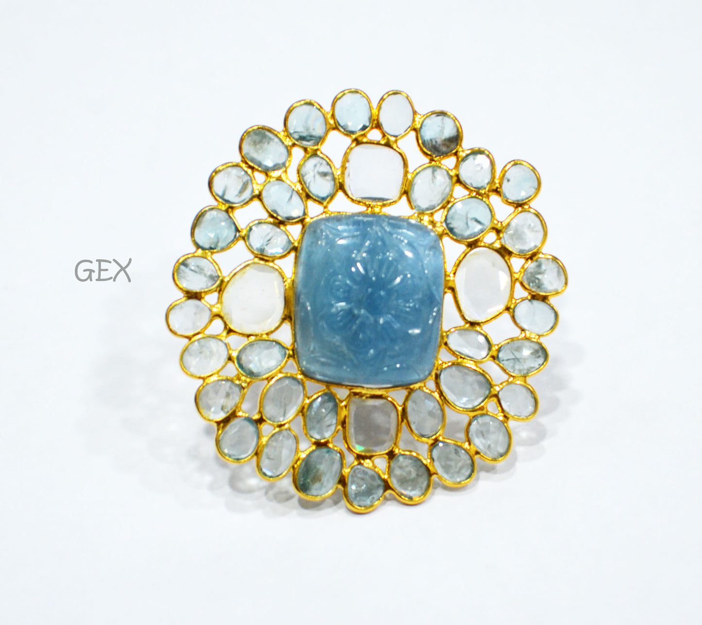 Blue Zircon And Moissanite Diamond With Carved Aquamarine Faceted Ring , Blue Zircon And Moissanite Diamond Faceted Slice Shape Fancy Ring , 6.25 US , R-001