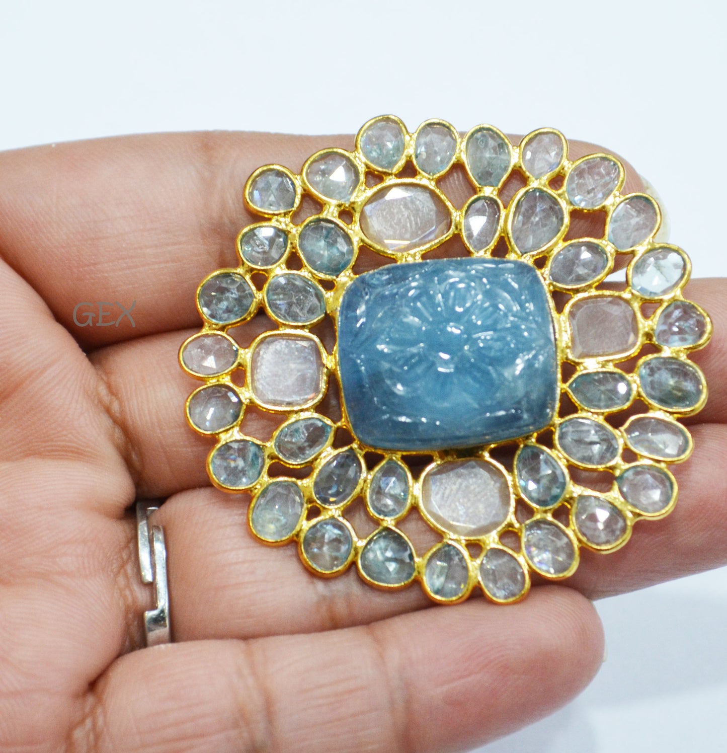 Blue Zircon And Moissanite Diamond With Carved Aquamarine Faceted Ring , Blue Zircon And Moissanite Diamond Faceted Slice Shape Fancy Ring , 6.25 US , R-001
