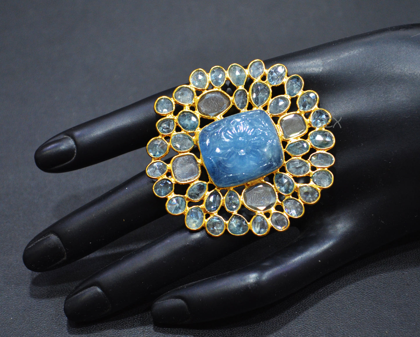 Blue Zircon And Moissanite Diamond With Carved Aquamarine Faceted Ring , Blue Zircon And Moissanite Diamond Faceted Slice Shape Fancy Ring , 6.25 US , R-001