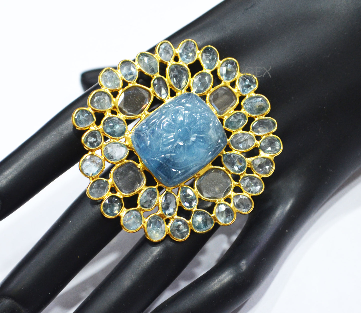 Blue Zircon And Moissanite Diamond With Carved Aquamarine Faceted Ring , Blue Zircon And Moissanite Diamond Faceted Slice Shape Fancy Ring , 6.25 US , R-001