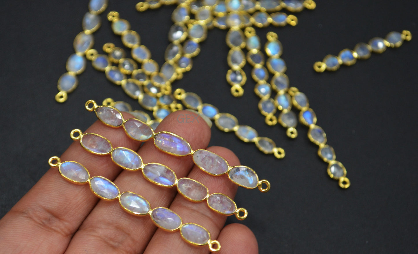 Natural Rainbow Moonstone Faceted Bar Connector , Natural Rainbow Moonstone Double Bail Bezel Charm Connector , Sold By Piece , 37 - 60 mm , R-017