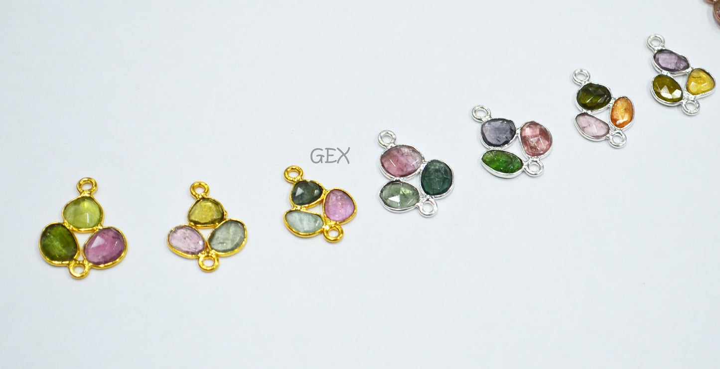 Natural Watermelon Tourmaline Faceted 3 Pc Clover Connector , Natural Watermelon Tourmaline Double Bail Bezel Charm Connector , Sold By Piece , 20 - 22 mm , R-020