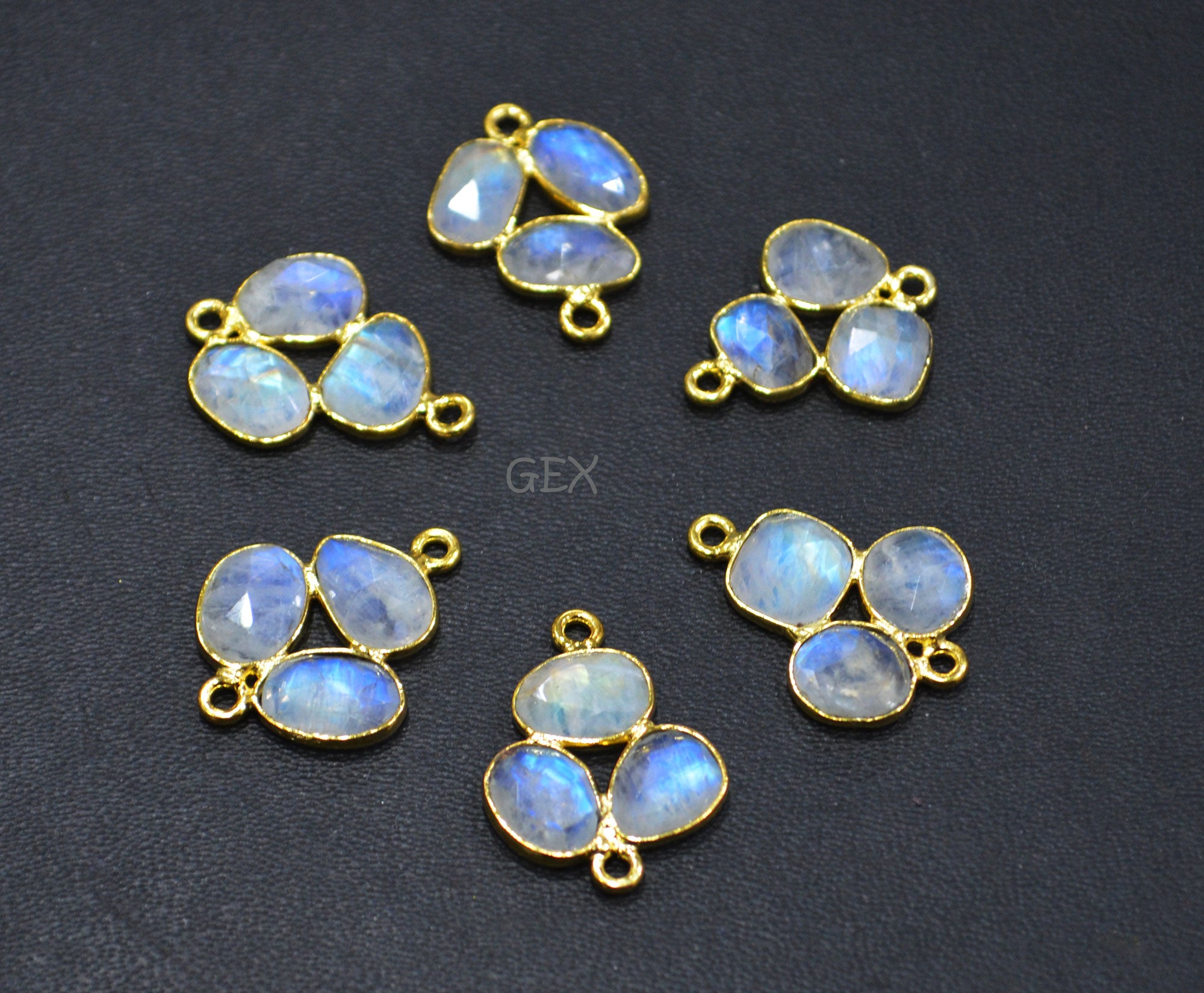 Natural Rainbow Moonstone Faceted Clover Connector , Natural Rainbow Moonstone Double Bail Bezel Charm Connector , Sold By Piece , 20 - 22 mm , R-029
