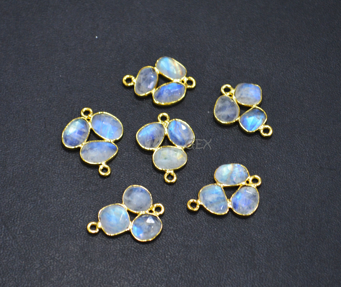 Natural Rainbow Moonstone Faceted 3 Pc Clover Connector , Natural Rainbow Moonstone Double Bail Bezel Charm Connector , Sold By Piece , 20 - 22 mm , R-029