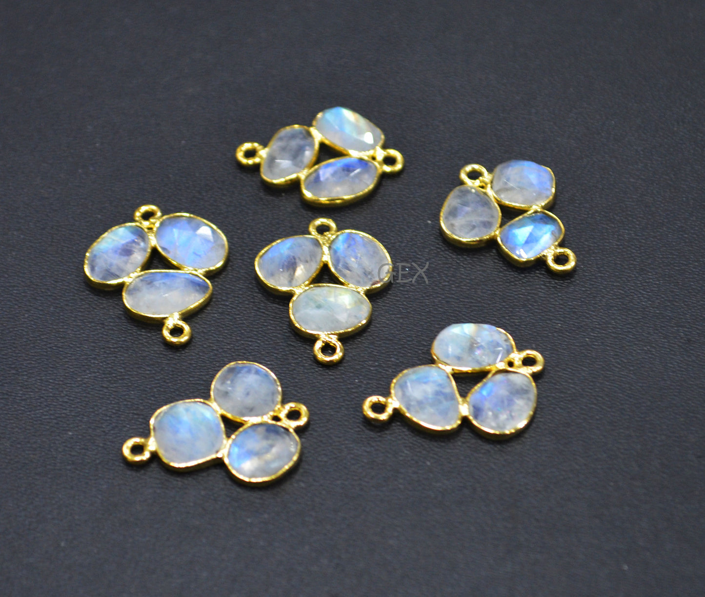 Natural Rainbow Moonstone Faceted 3 Pc Clover Connector , Natural Rainbow Moonstone Double Bail Bezel Charm Connector , Sold By Piece , 20 - 22 mm , R-029