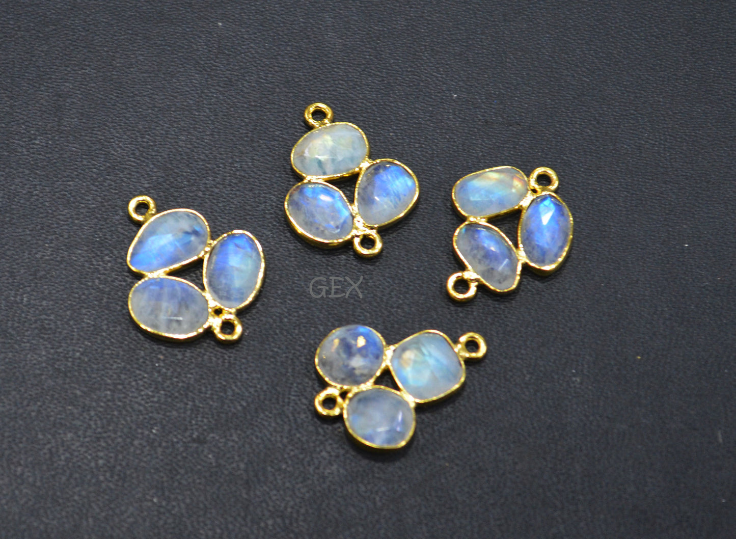 Natural Rainbow Moonstone Faceted 3 Pc Clover Connector , Natural Rainbow Moonstone Double Bail Bezel Charm Connector , Sold By Piece , 20 - 22 mm , R-029