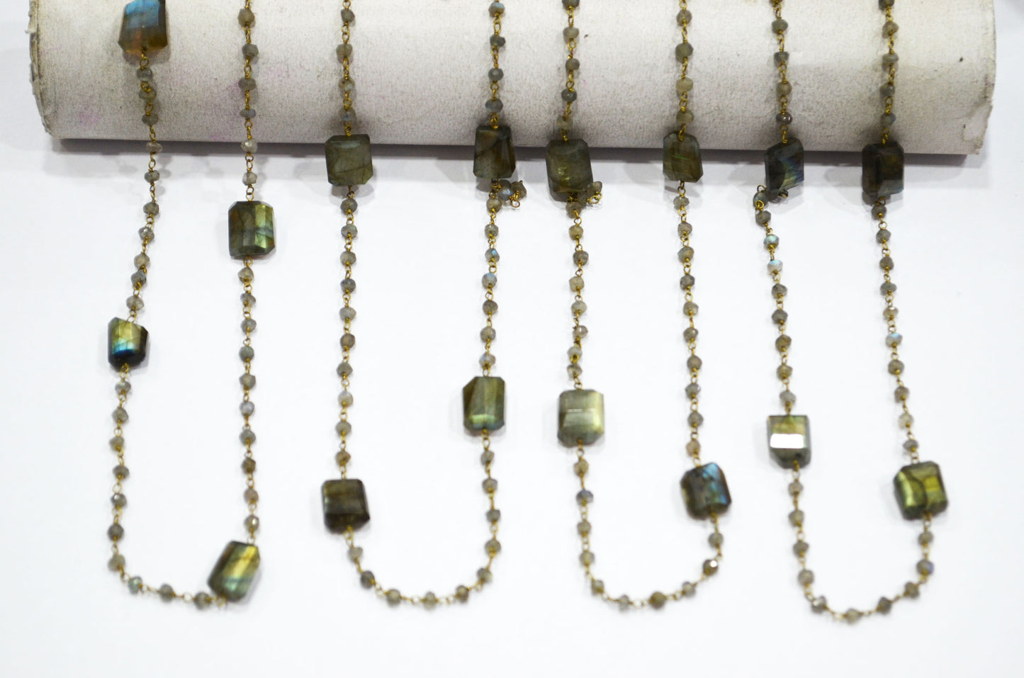 Labradorite Faceted Rondelle Shape Rosary Beaded Chain , Labradorite Laser Cut Nuggets Shape Wire Wrapped Chain , 3.50 - 3.75 mm , RB-5313