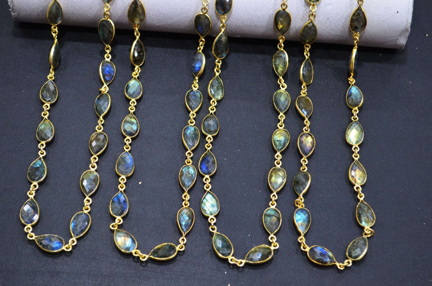 Labradorite Faceted Pear Shape Connector Chain , 9x13 mm , RB-5716