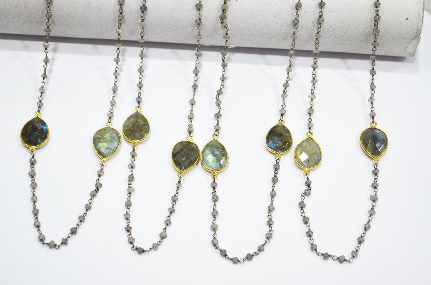 Labradorite Faceted Rondelle Shape Rosary Beaded Chain , Labradorite Faceted Pear Shape Connector Wire Wrapped Chain , 3 - 3.50 mm , RB-5760