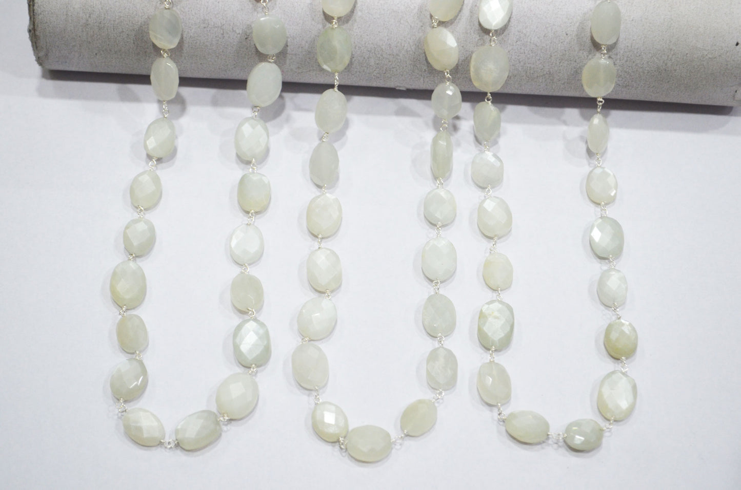 White Moonstone Faceted Oval Shape Rosary Beaded Chain , 9 - 13 mm , RB-5782A