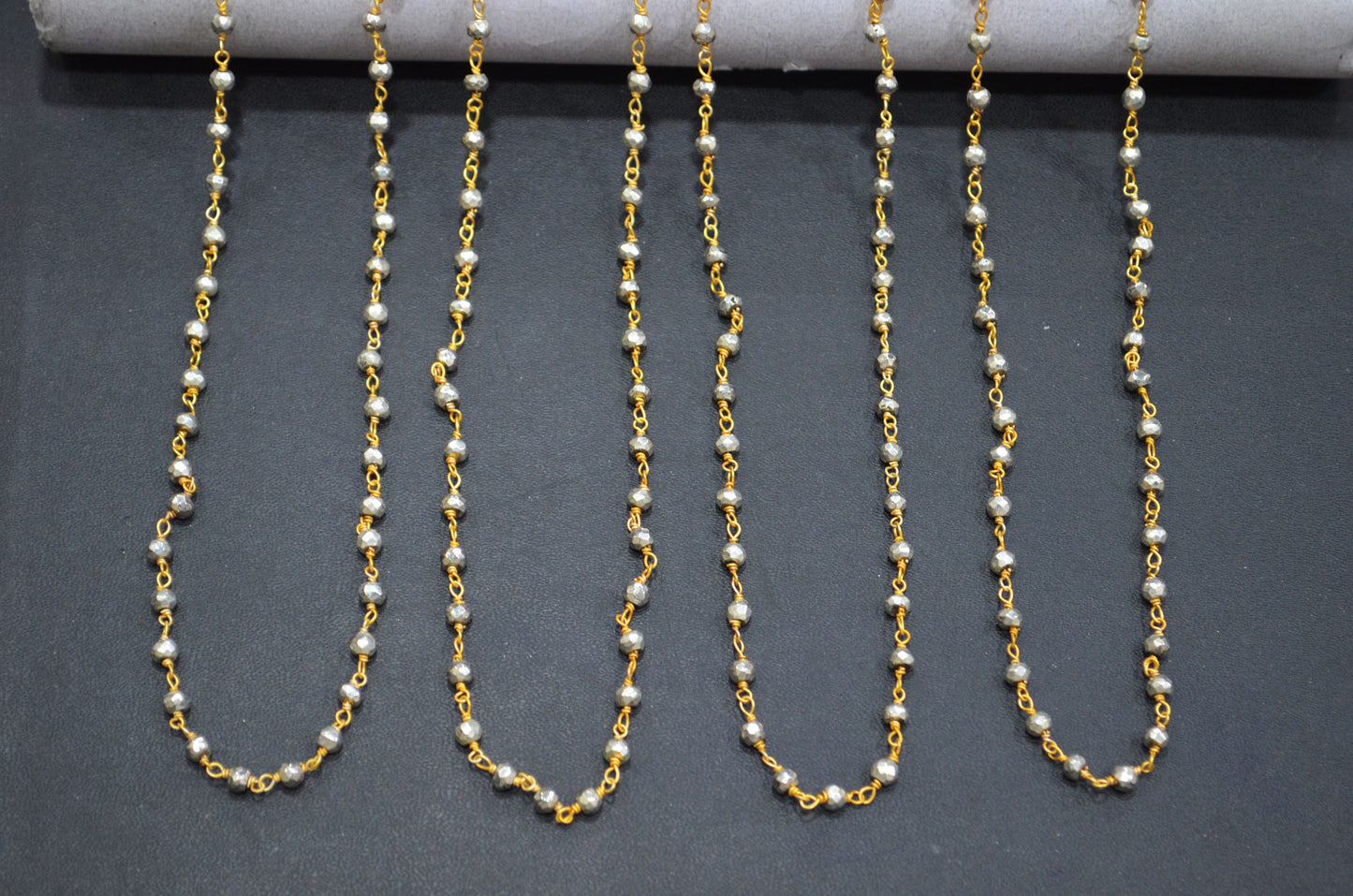 Silver Pyrite Faceted Rondelle Shape Rosary Beaded Chain , Silver Pyrite Gold Wire Wrapped Rosary Chain , 3.75 - 4 mm , RB-5807