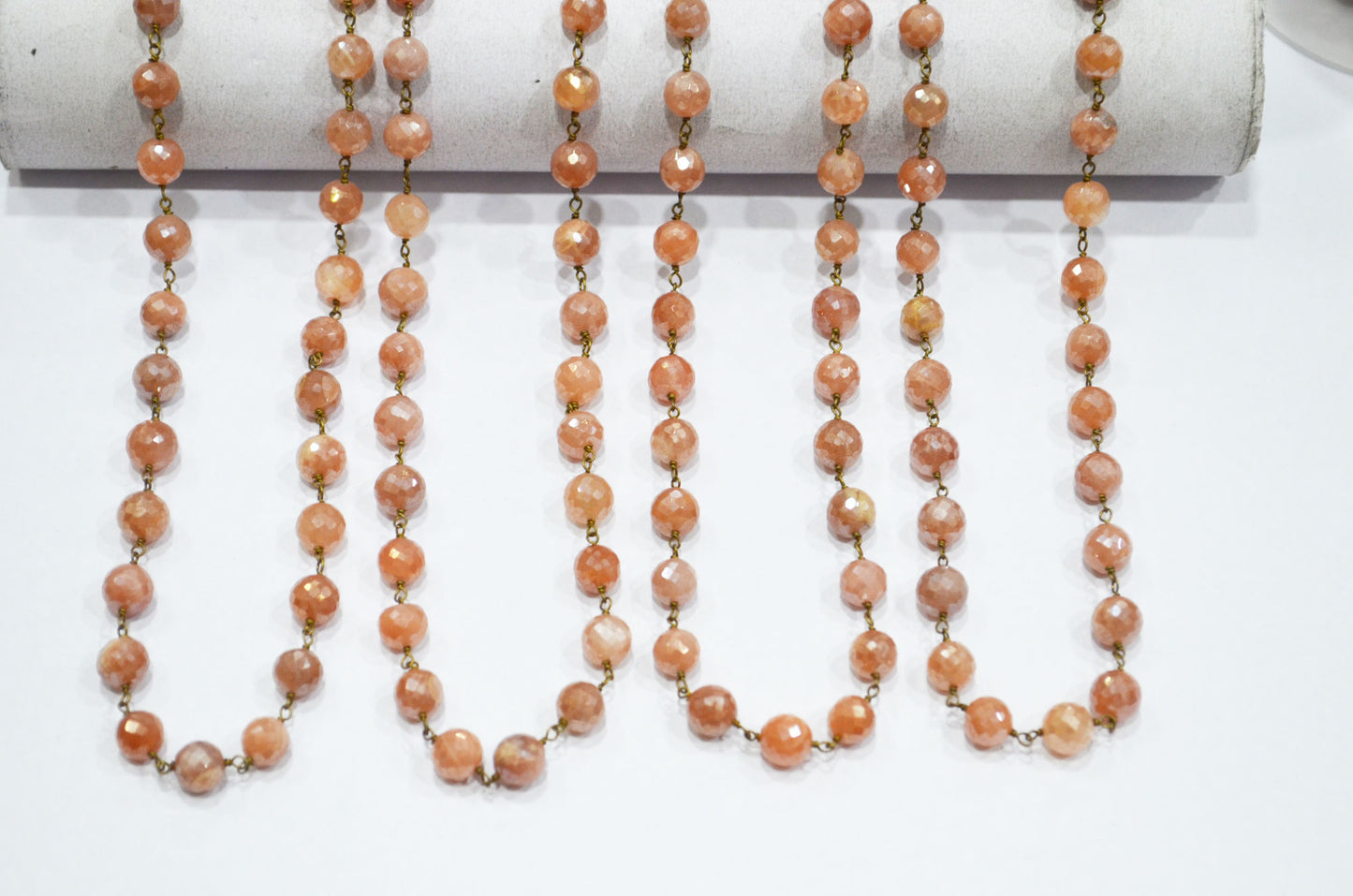 Mystic Peach Moonstone Faceted Round Shape Rosary Beaded Chain , 7 - 7.50 mm , RB-5816