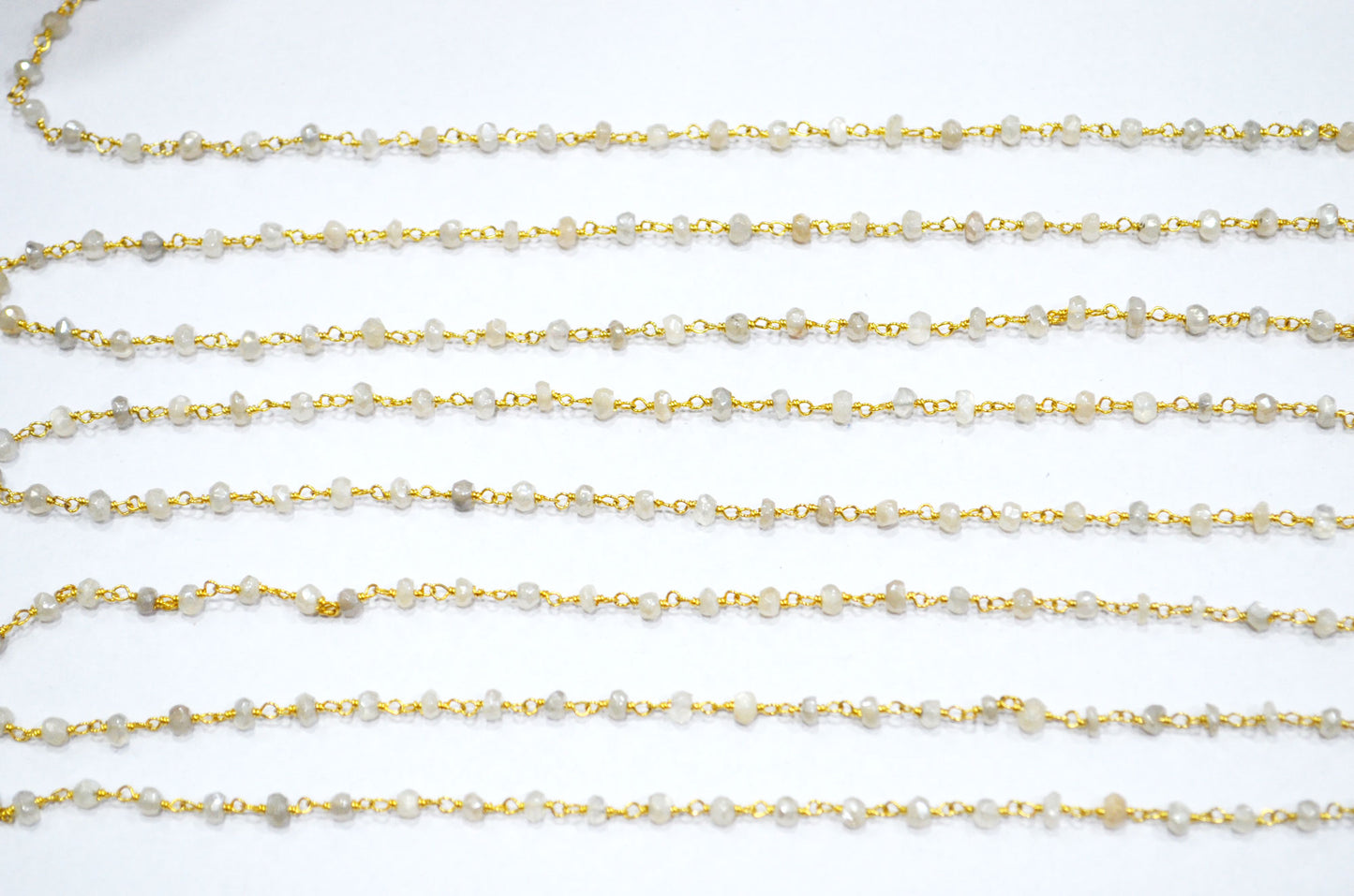 Mystic White Moonstone Faceted Rondelle Shape Chain , Mystic White Moonstone AB Silver Coated Wire Wrapped Chain , 3.50 - 3.75 mm , RB-5819