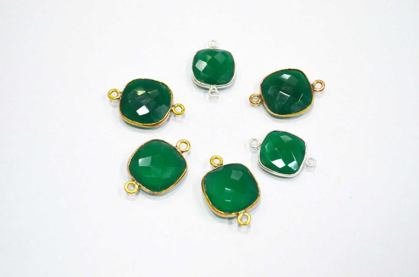 Green Onyx Faceted Cushion Shape Connector , Sold By Piece , 13 mm , RB-5831