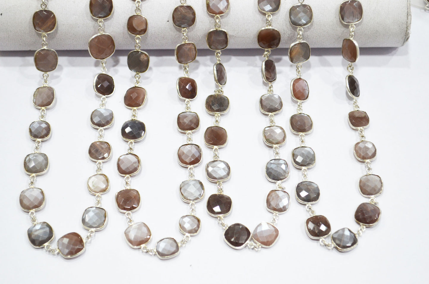 Chocolate Moonstone Faceted Connector Chain , Chocolate Moonstone Cushion Shape Bezel Link Chain , 10 - 12 mm , RB-5854