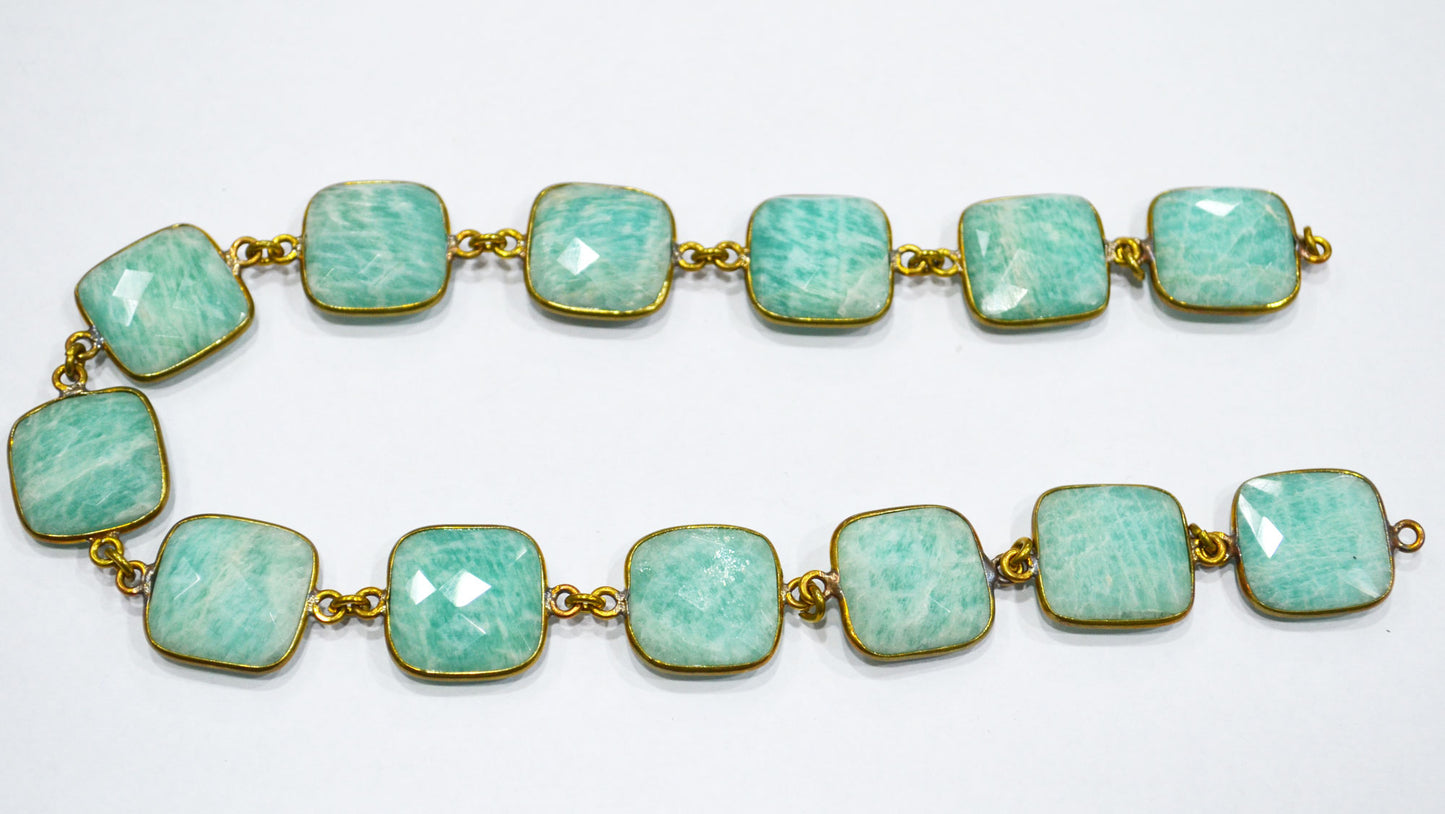 Amazonite Faceted Cushion Shape Connector Chain , 15 mm , RB-5855