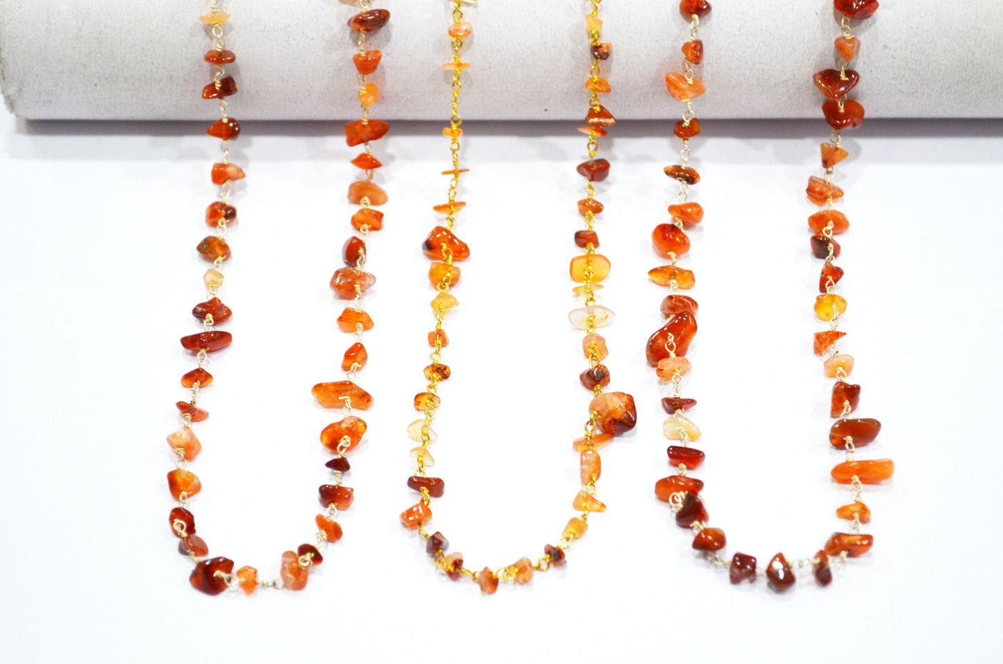 Carnelian Smooth Irregular Flat Chips Shape Rosary Beaded Chain , Carnelian Wire Wrapped Chain , 3 - 5 mm , RB-5878