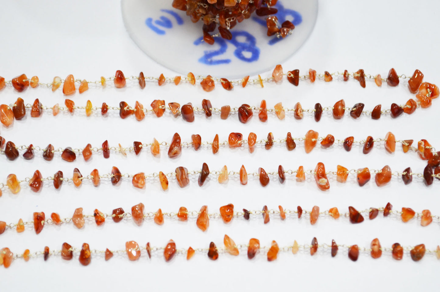 Carnelian Smooth Irregular Flat Chips Shape Rosary Beaded Chain , Carnelian Wire Wrapped Chain , 3 - 5 mm , RB-5878