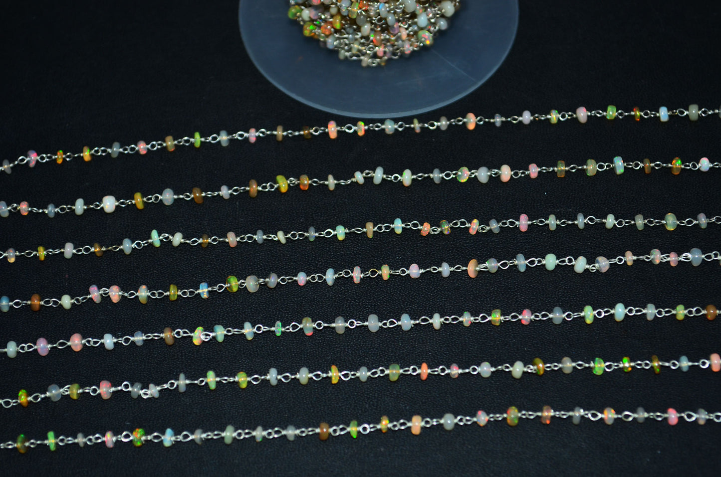 Ethiopian Opal Smooth Rondelle Shape Rosary Beaded Chain , 3 - 4 mm , RB-5881