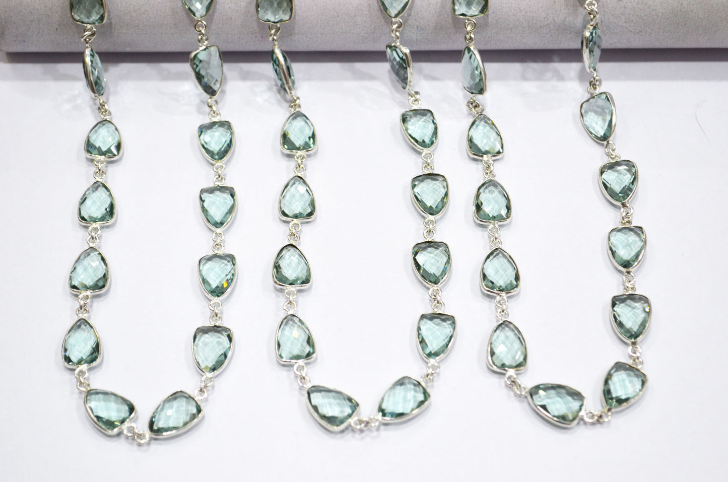 Green Amethyst Hydro Quartz Faceted Trillion Shape Connector Chain , 10x13 mm , RB-5884
