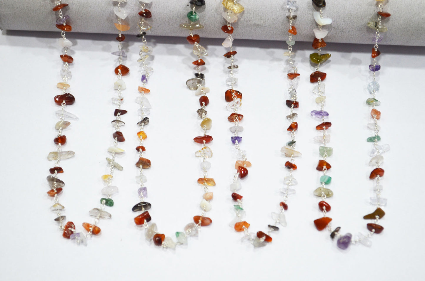 Mix Semi Precious Organic Polished Irregular Flat Chips Rosary Beaded Chain , 3 - 5 mm , RB-5897