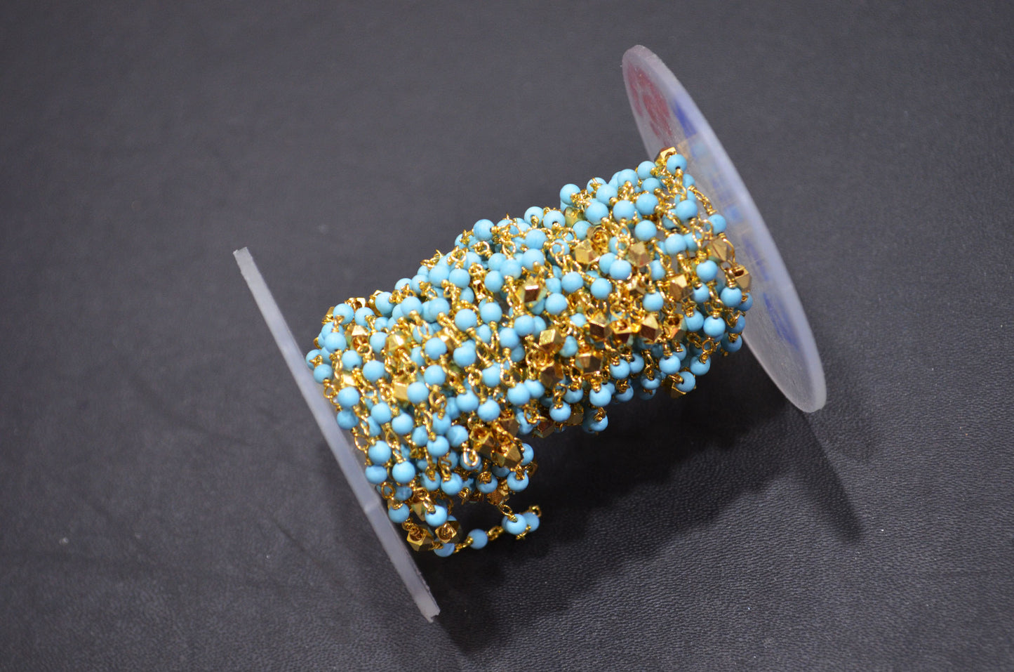 Magnesite Synthetic Turquoise Smooth Round Shape Rosary Beaded Chain , Brass Beads Wire Wrapped Chain , 2.50 mm , RB-5957