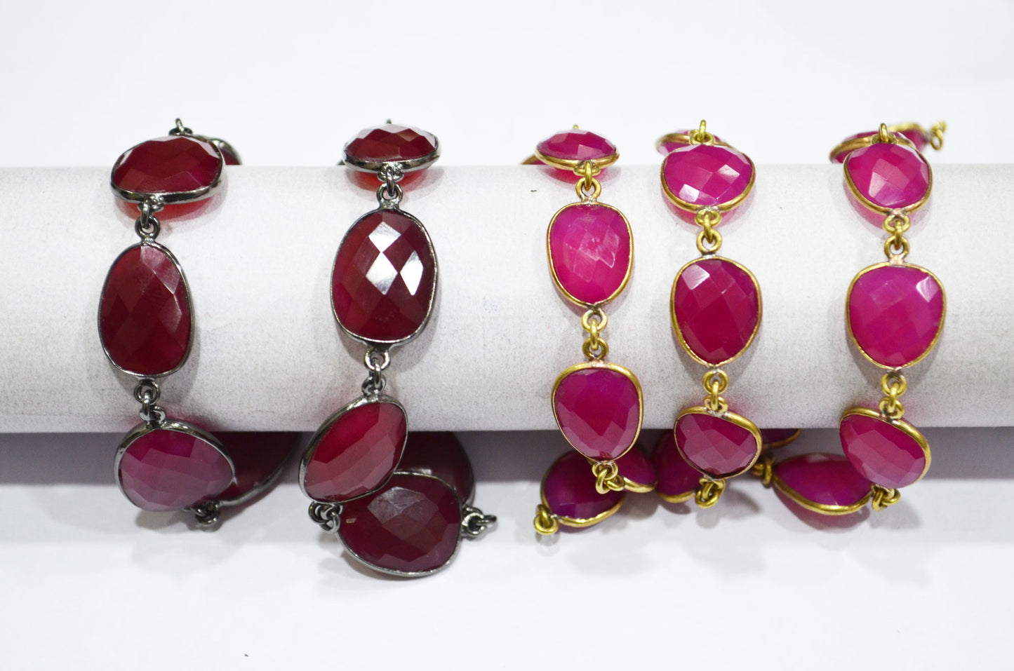 Ruby Color Chalcedony Faceted Slice Shape Connector Chain , 13 - 18 mm , RB-5993