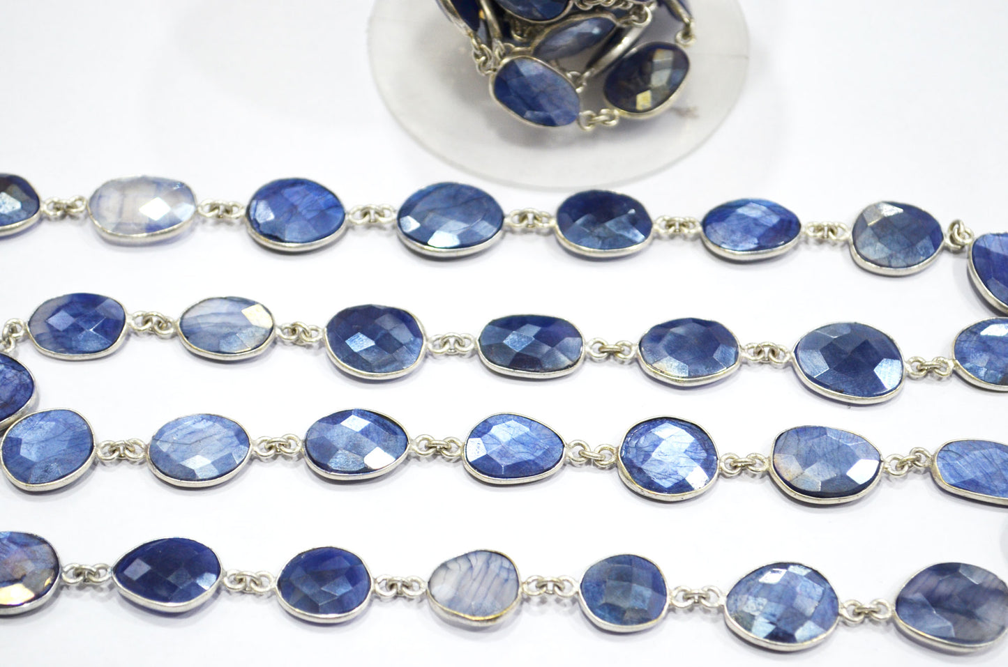 Sapphire Color Moonstone Faceted Slice Shape Connector Chain , 14 - 22 mm , RB-5998