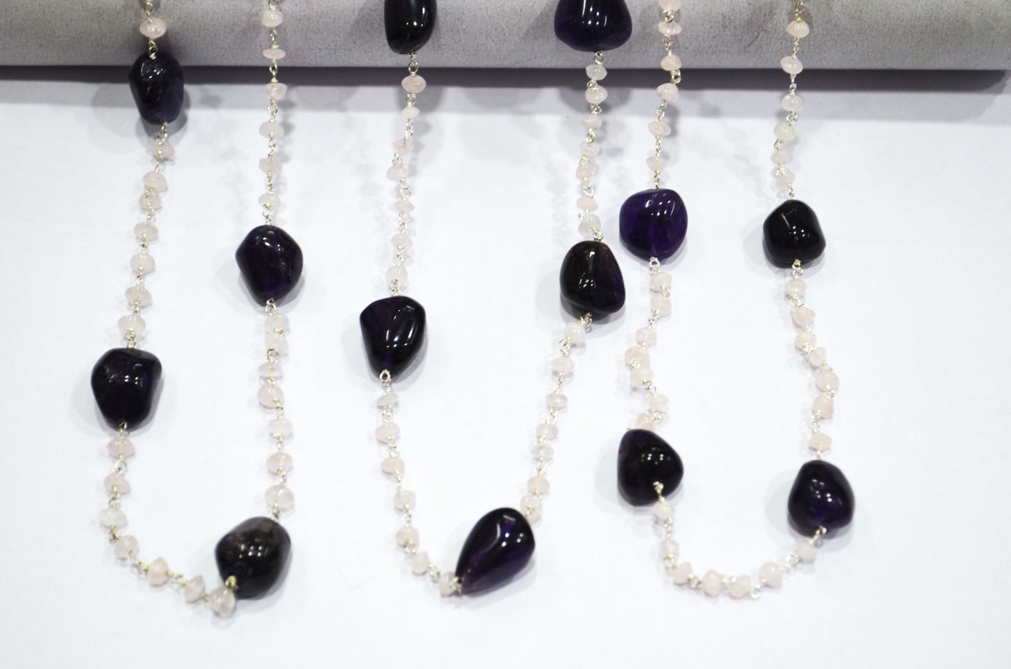 Amethyst Smooth Nuggets Shape Rosary Beaded Chain , Rose Quartz Button Shape Wire Wrapped Chain , 4 - 5 mm , RB-6000