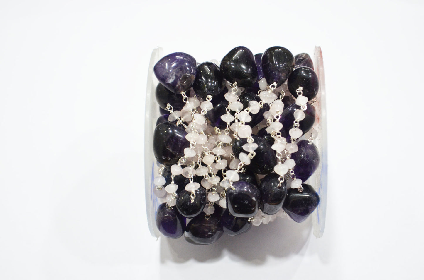 Amethyst Smooth Nuggets Shape Rosary Beaded Chain , Rose Quartz Button Shape Wire Wrapped Chain , 4 - 5 mm , RB-6000