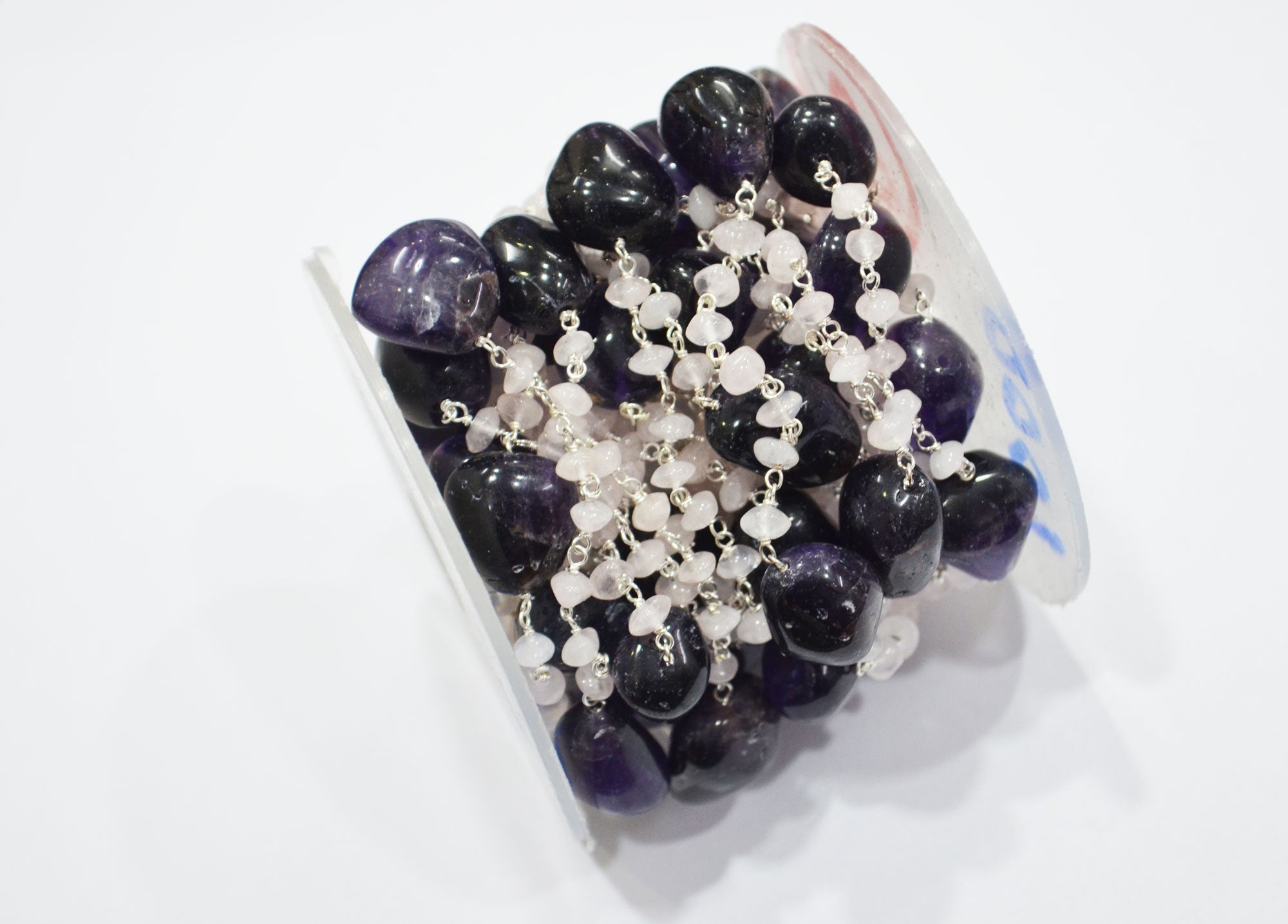 Amethyst Smooth Nuggets Shape Rosary Beaded Chain , Rose Quartz Button Shape Wire Wrapped Chain , 4 - 5 mm , RB-6000